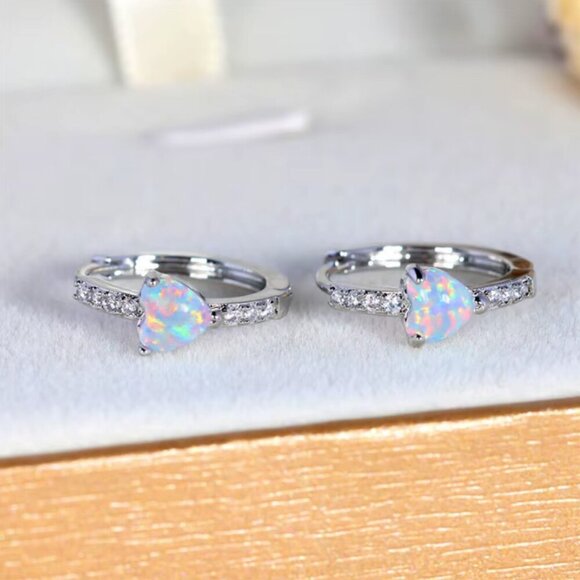 18k White Gold Opal Diamond Earrings Heart Shaped Opal Hoop Earrings - Picture 3 of 6